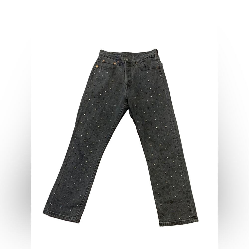 Levi's 501 Original Black‎ Cropped Studded Rhinestone Jeans Black Size 26 - Picture 2 of 12